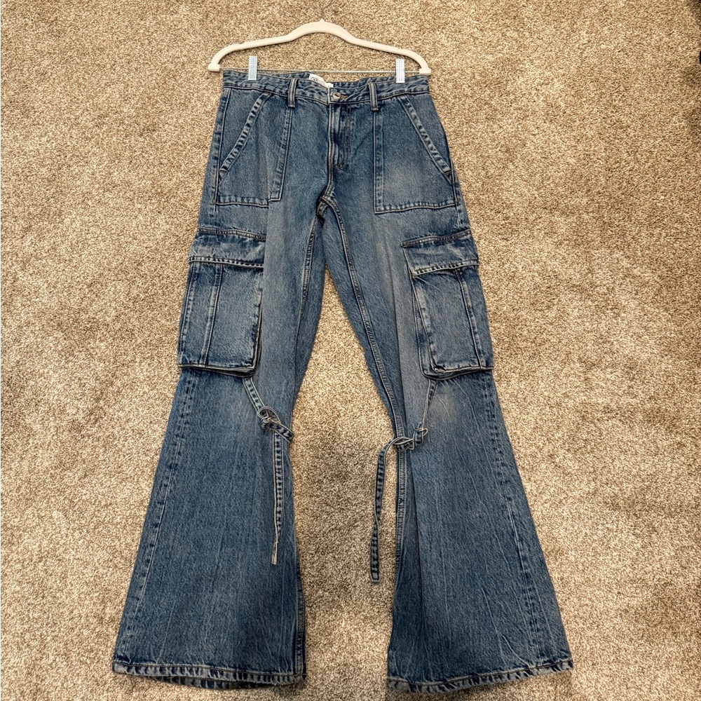 Zara Women's Denim Flare Cargo Jeans